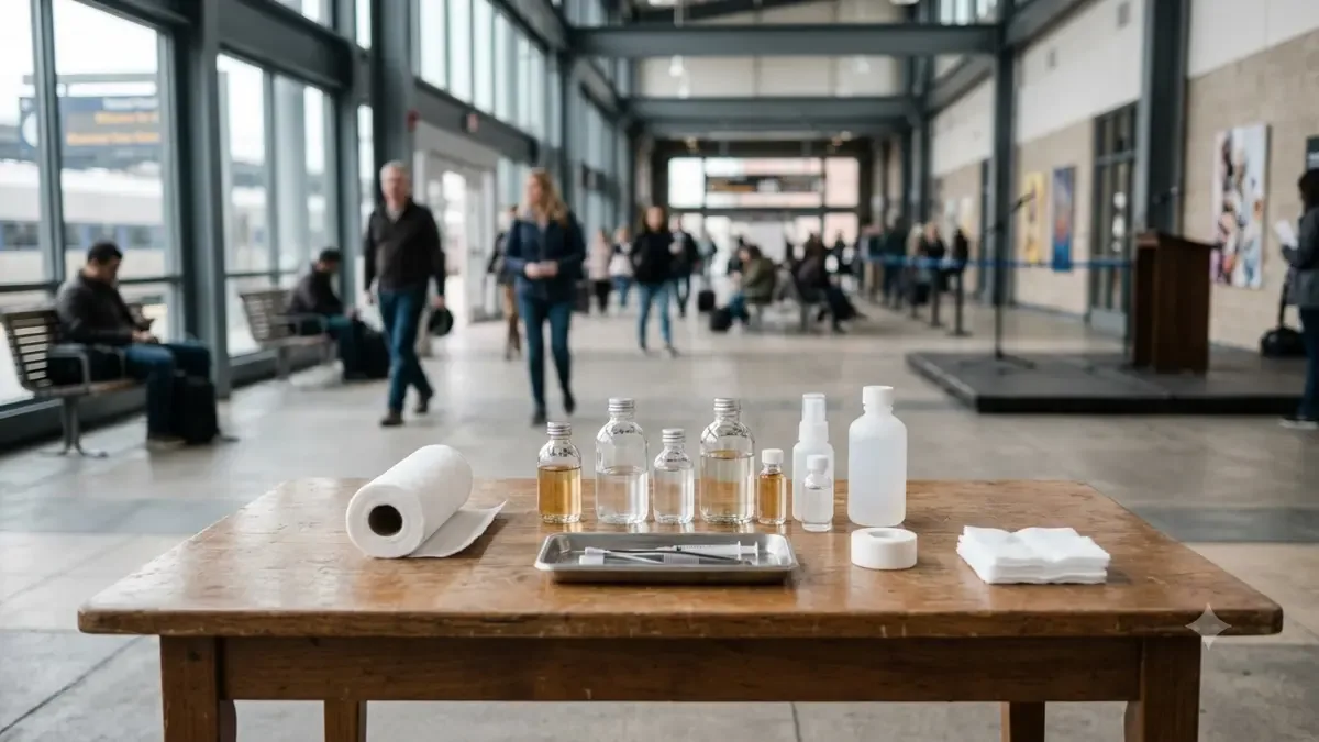Una mesa sanitaria con algodón y frascos sin etiquetas en un espacio cultural barrial, vista en tres cuartos, profundidad de campo suave