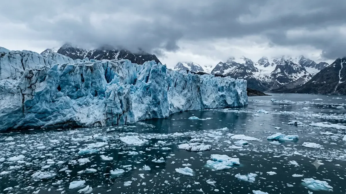 Pared frontal de un glaciar azulado con témpanos flotando delante