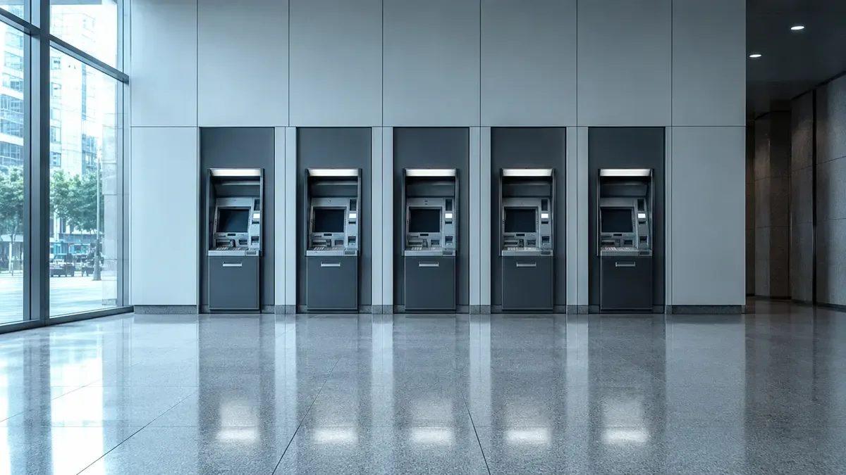 Hilera de cajeros automáticos en un hall vidriado vacío, con luz fría de mañana