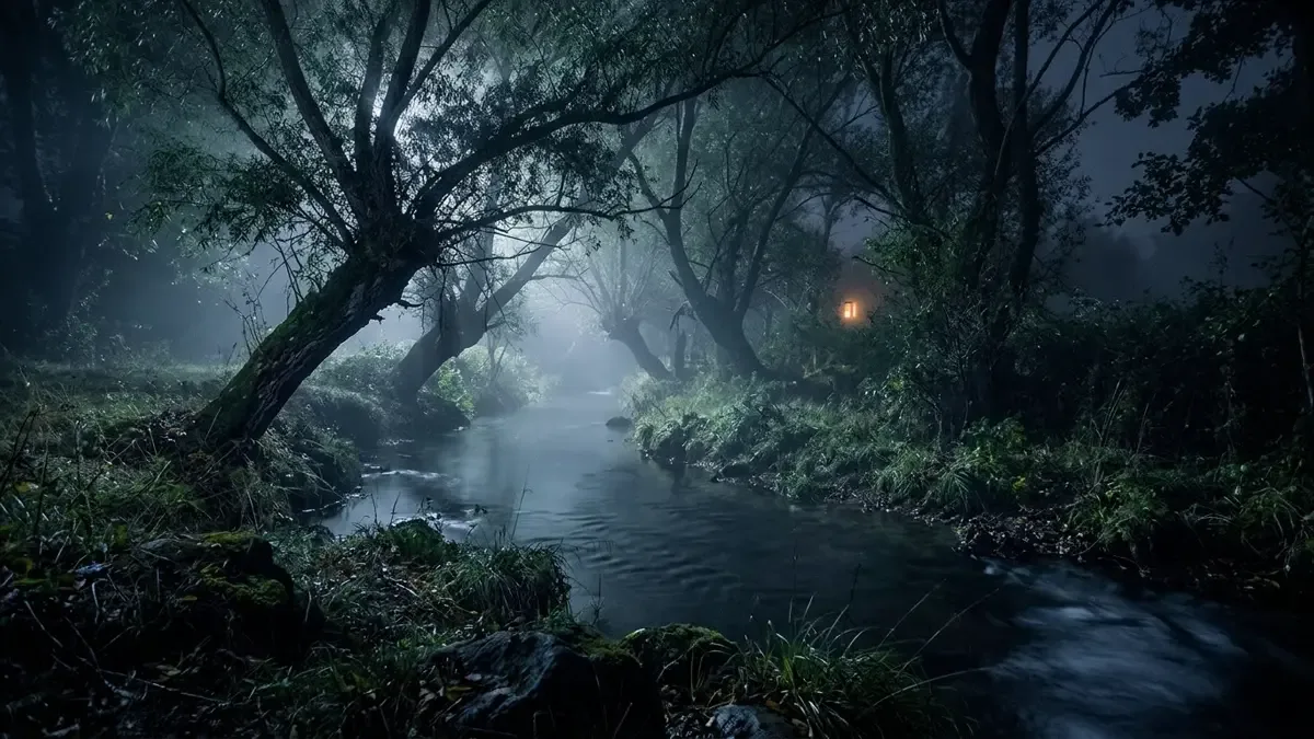 Arroyo angosto de noche con neblina espesa sobre el agua y sauces inclinados sobre la orilla