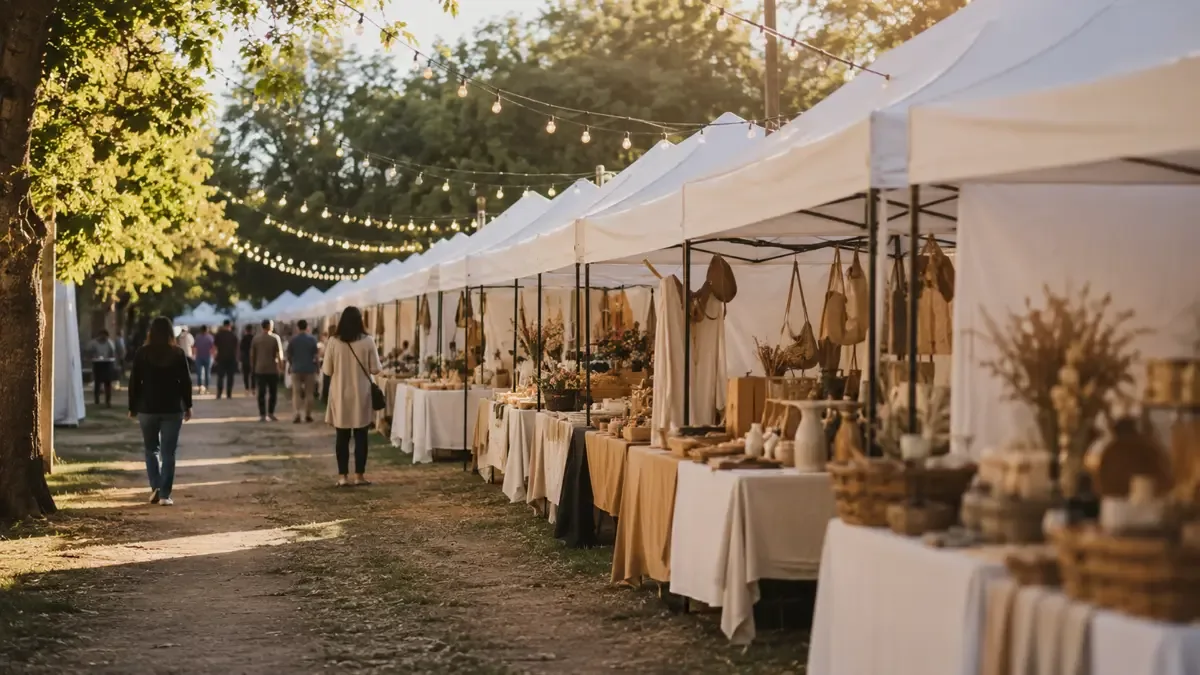 Stands de una feria de emprendedores al aire libre en una plaza.