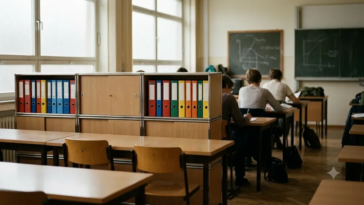 Módulos de carpetas de colores sin rótulos en un aula para estudiantes adultos, vista en tres cuartos, profundidad de campo suave