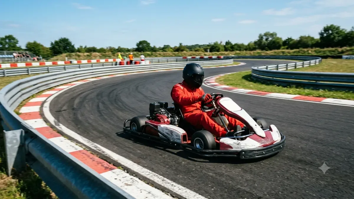 Kart de carreras tomando una curva cerrada en un circuito chico
