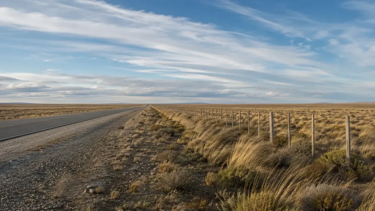 Ruta asfaltada recta que cruza la estepa patagónica con banquina de ripio y horizonte plano