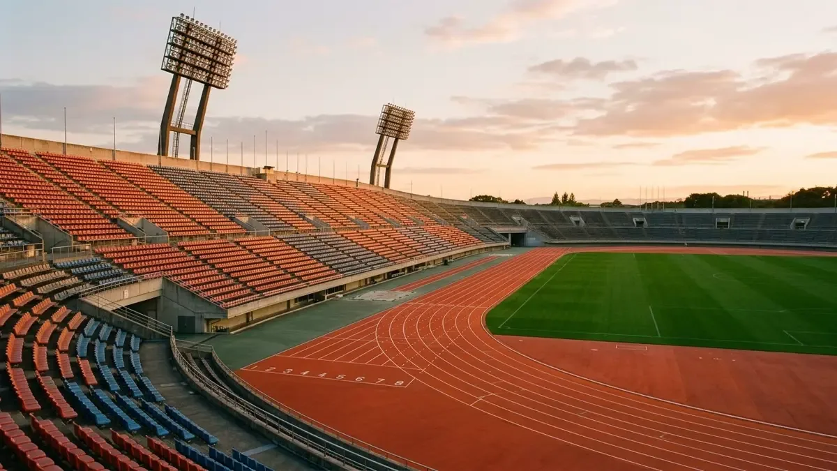 Estadio deportivo vacío con pista de atletismo, sin personas ni emblemas