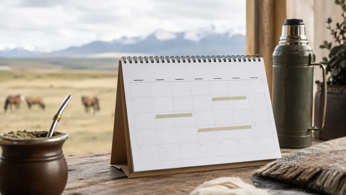 Calendario de escritorio sin números sobre una mesa de madera, con mate y termo, frente a la estepa patagónica
