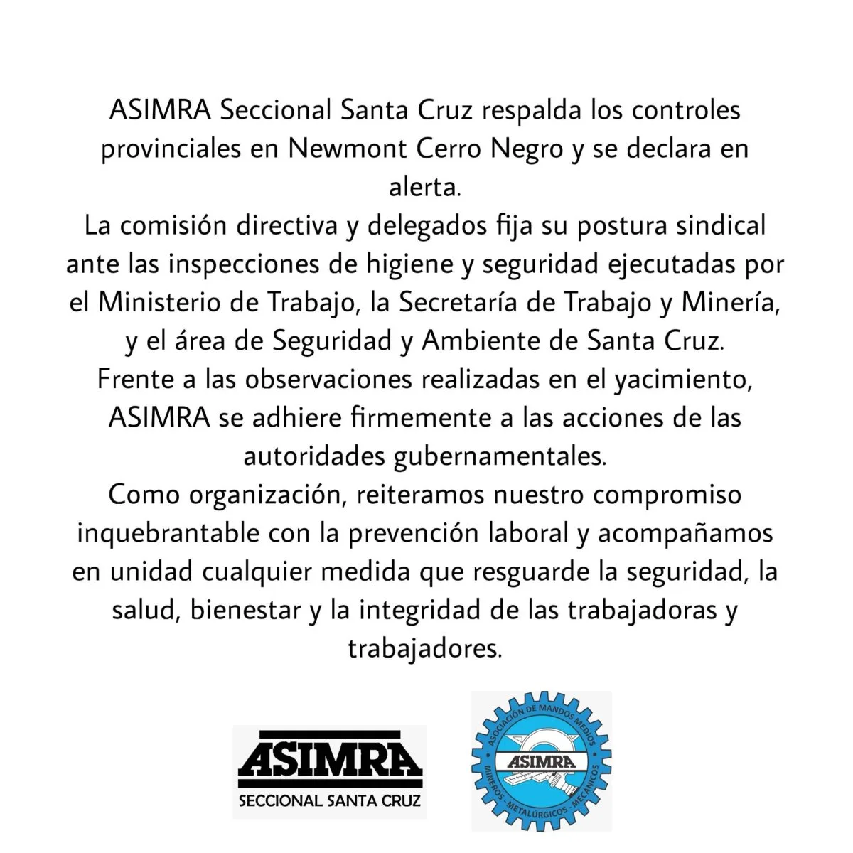 Gremios mineros respaldan las inspecciones del Gobierno en Cerro Negro