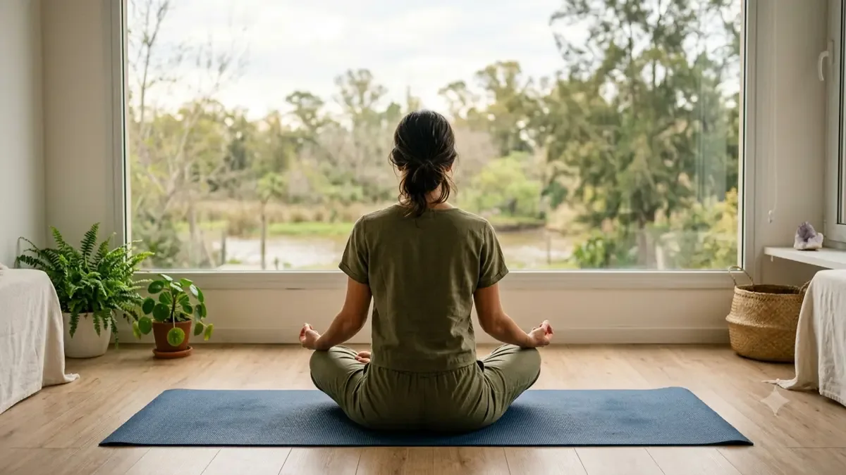 Persona meditando sobre un mat, tomada desde atrás