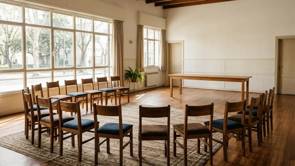 Salón de encuentro comunitario con sillas en semicírculo iluminado por luz natural