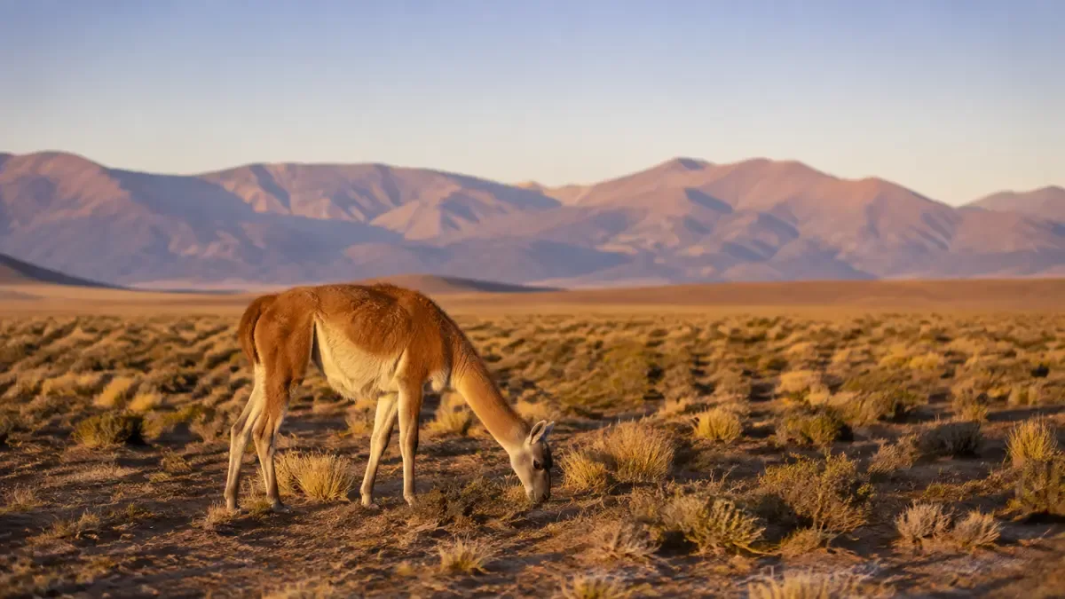Guanaco patagónico pastando en la estepa árida con montañas difuminadas al fondo