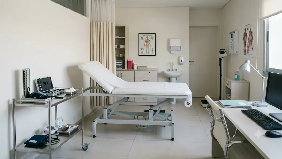 Consultorio médico genérico con camilla y elementos de revisación