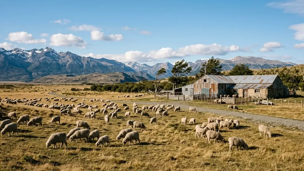 Campo de estancia patagónica con ovejas pastando cerca de un galpón de esquila rústico
