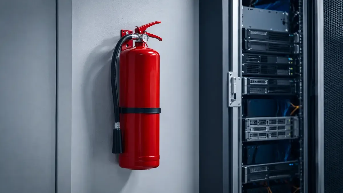 Extintor rojo montado en la pared de una sala tecnica