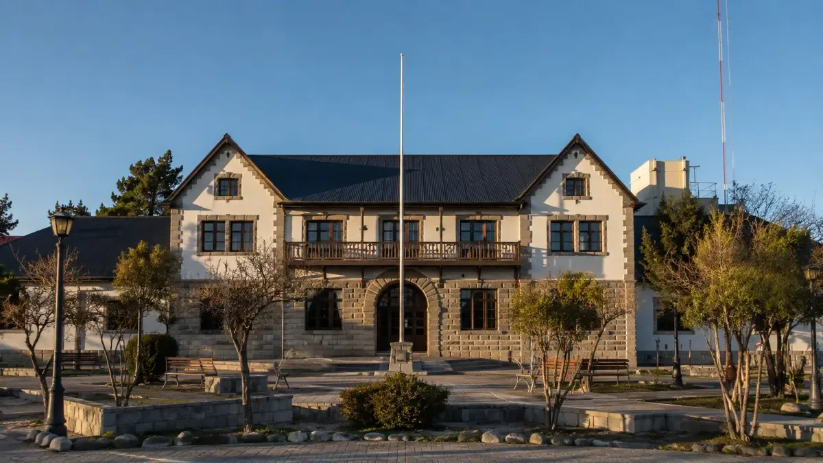Fachada de un edificio gubernamental patagónico con balcón central y plaza al frente