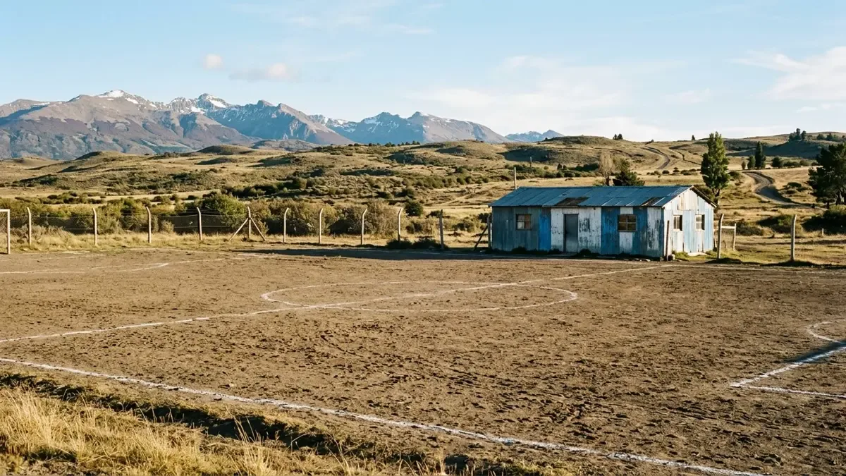 Club de barrio patagónico con cancha de fútbol de tierra y un edificio de chapa al fondo