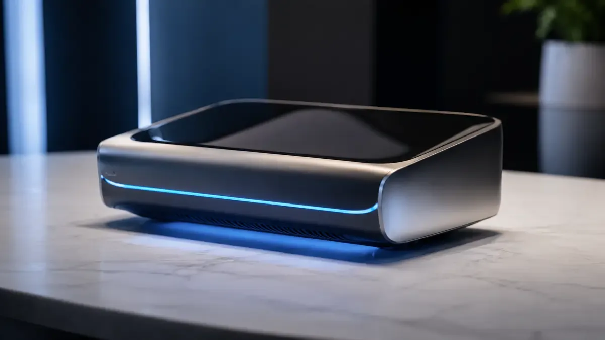 Dispositivo tecnológico genérico con detalles de luces led sobre una mesa