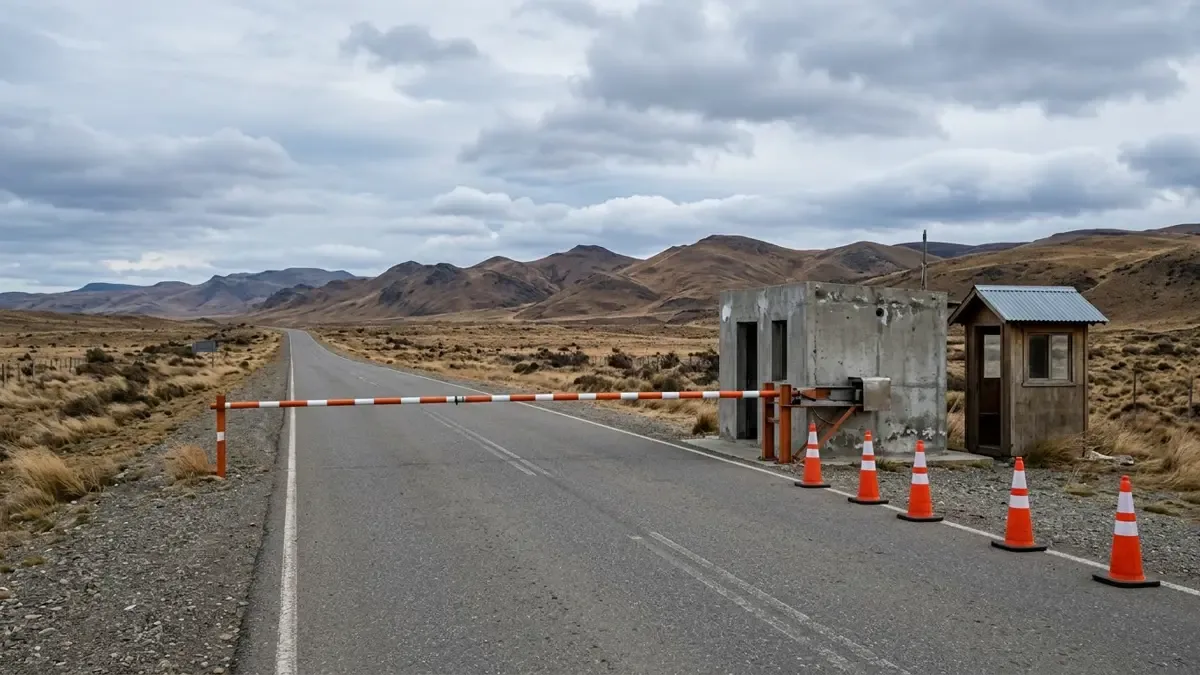 Barrera de paso fronterizo bajada sobre un camino de la estepa, con cerros bajos al fondo