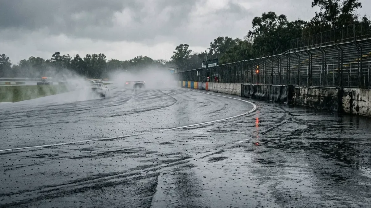 Pista de carreras mojada por la lluvia con espray de agua al fondo
