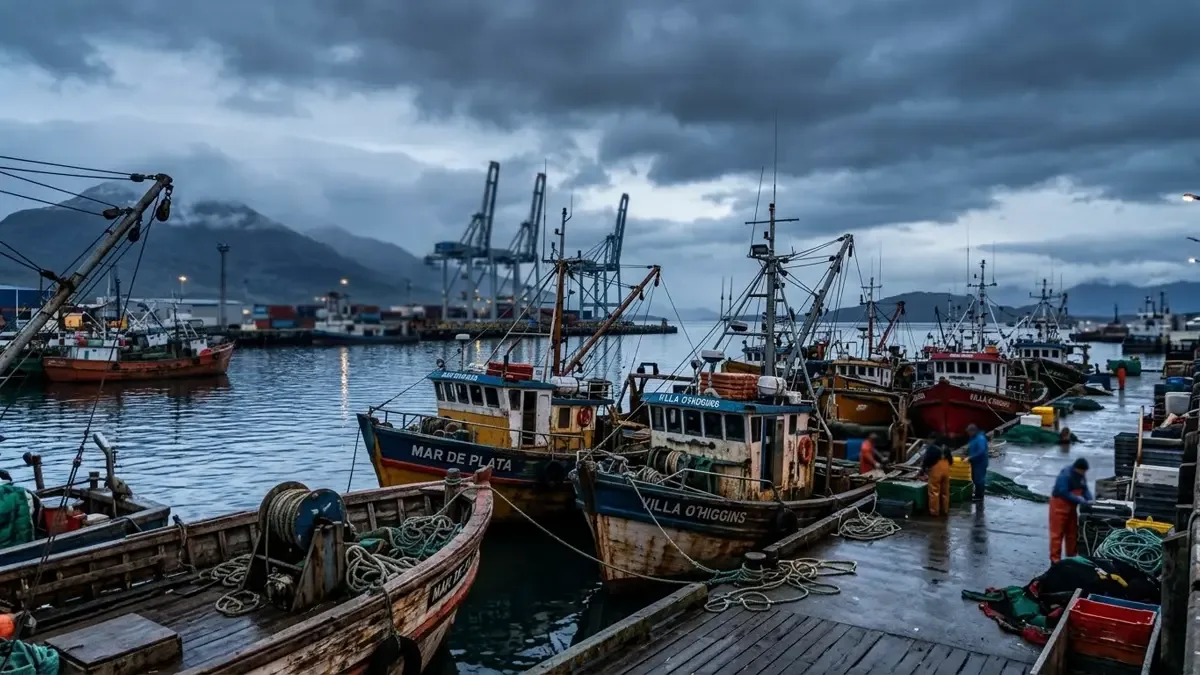 Puerto pesquero patagónico con barcos amarrados y grúas difuminadas al fondo