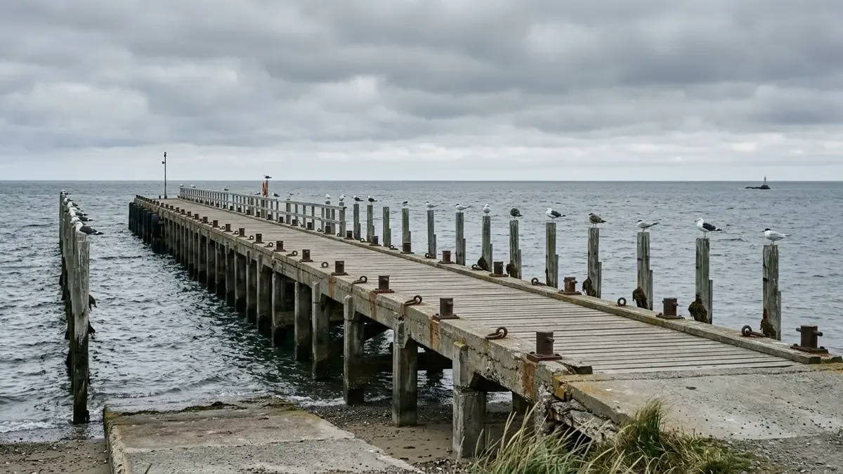 Muelle portuario patagónico vacío con gaviotas y cielo nublado sobre el mar