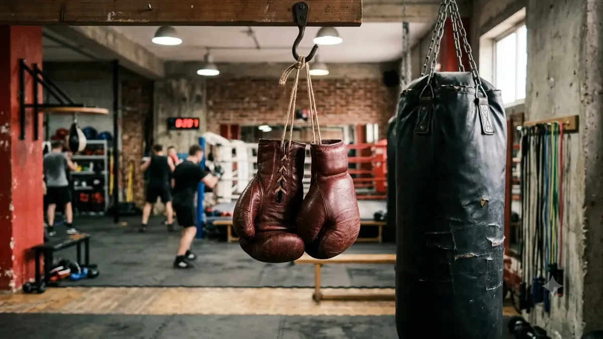 Guantes de boxeo colgados junto a una bolsa de entrenamiento