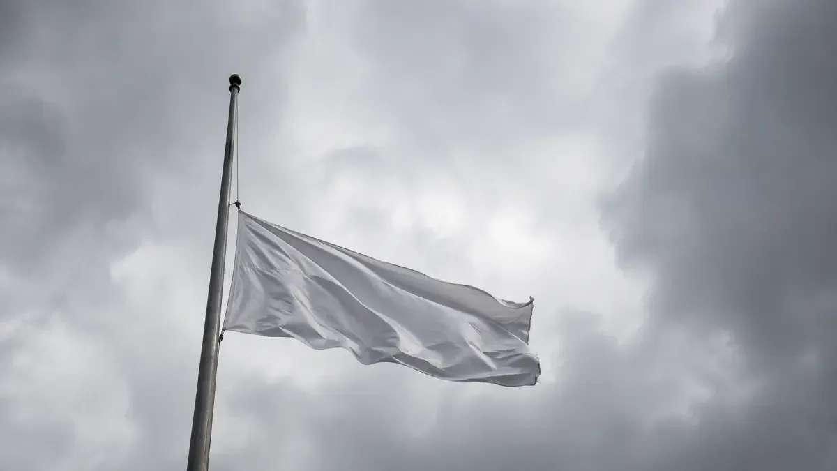 Bandera de tela lisa a media asta en un mástil contra el cielo gris