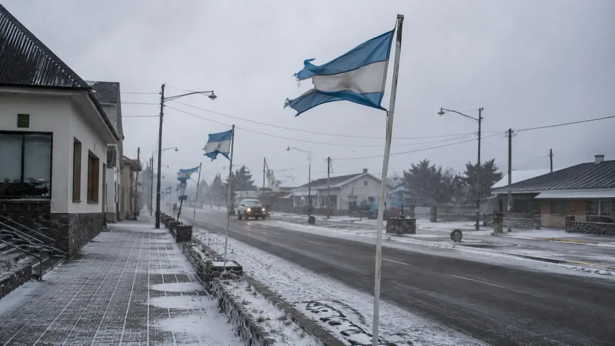 Calle nevada de una ciudad patagónica con viento fuerte en pleno invierno