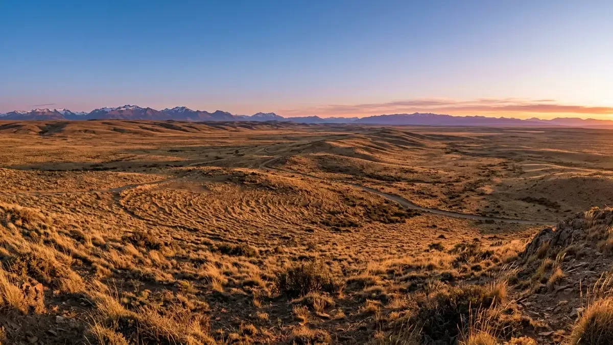 Estepa patagónica con pastizales secos que se extienden hasta el horizonte al atardecer