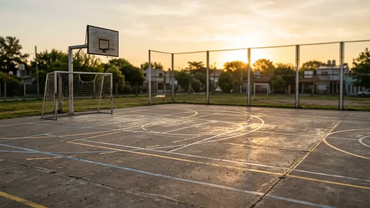 Playón deportivo municipal al aire libre con arco y tablero de básquet.