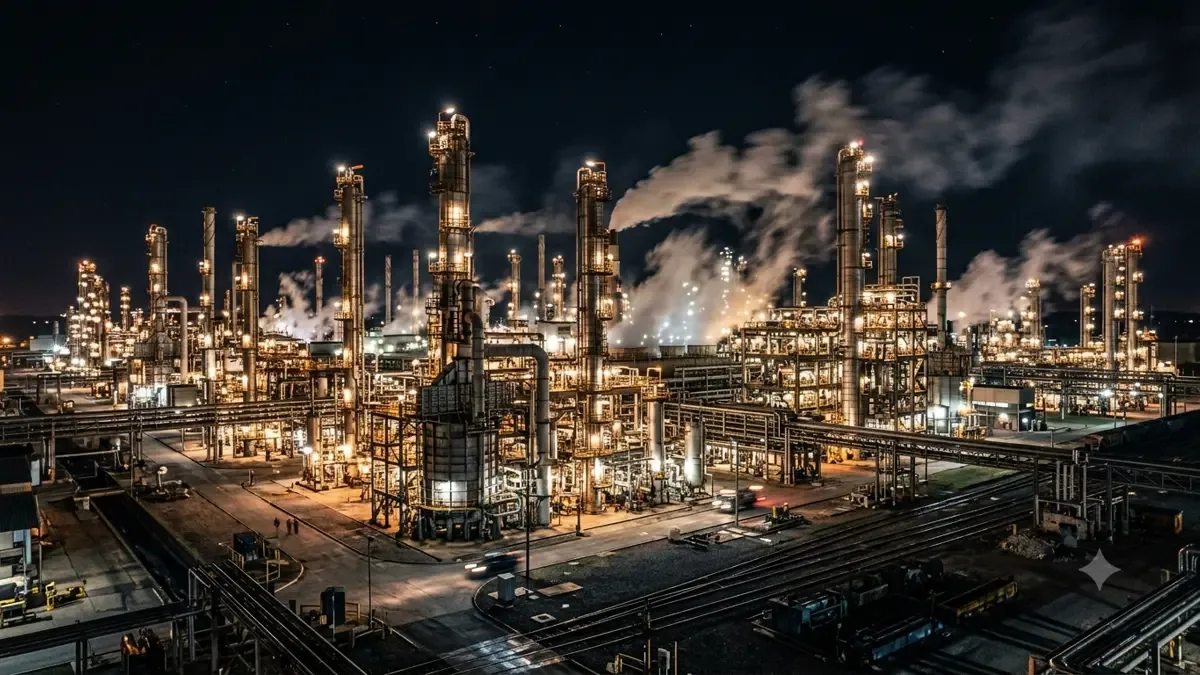 Complejo industrial de torres y cañerías iluminado de noche