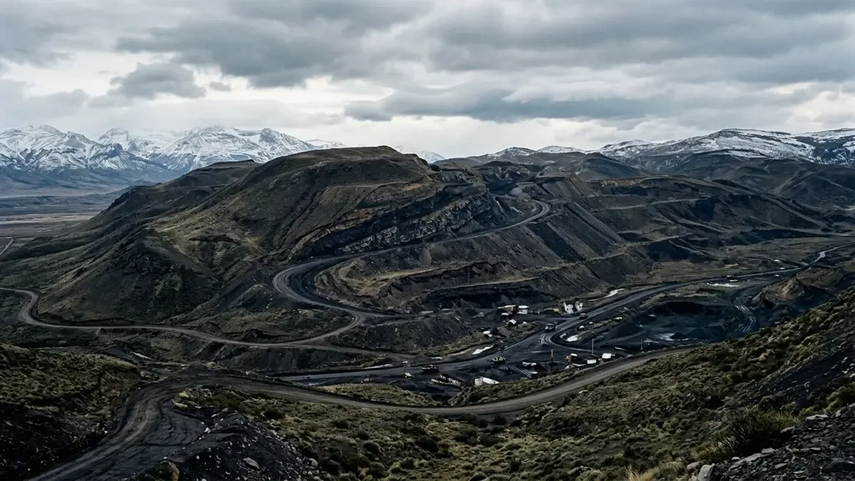 Cuenca carbonífera patagónica con vetas de carbón visibles en la ladera bajo cielo nublado